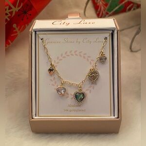 City Luxe 14k Gold Plated Heart Pendant Necklace Abalone & Cubic Zirconia NEW